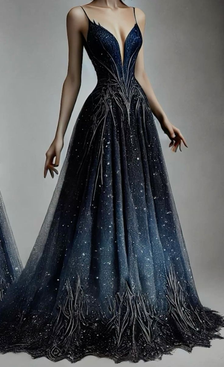 Unique Tulle Sequins Appliques Prom Dress,Navy Blue A Line Party Evening Gown