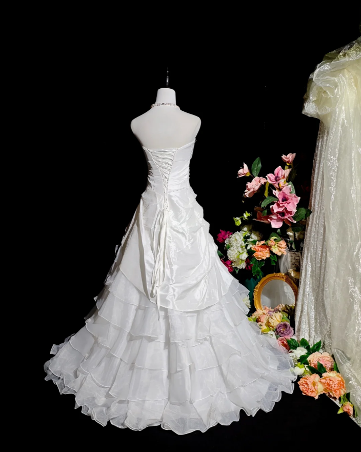 Pretty Strapless White Satin Tulle Beaded Ruffle Layered Mermaid Evening Dress Long Birthday Prom Dress