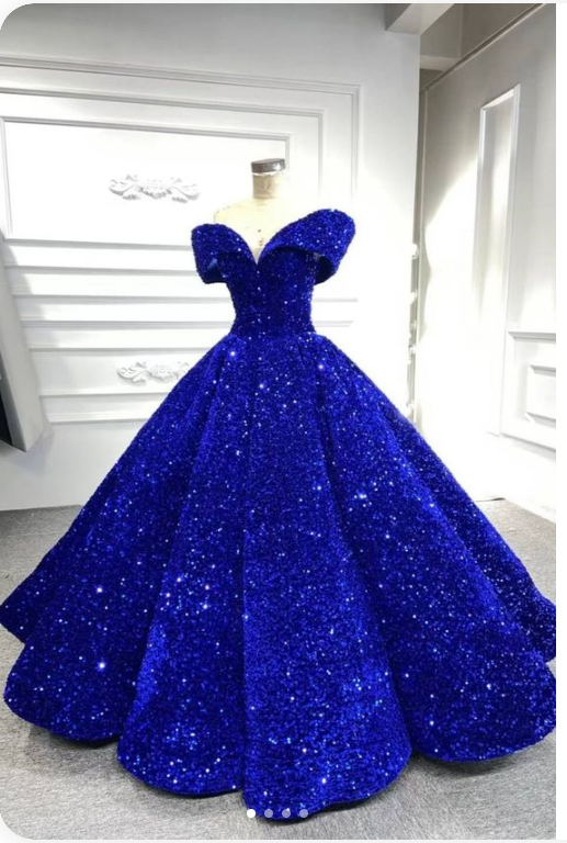 Royal blue sequin prom ball gown sweet 16 dress off the shoulder princess Quince dress