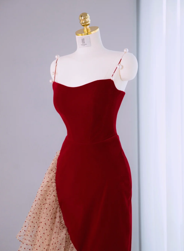Vintage Red Velvet Ruffle Party Dress Mermaid Birthday Dress