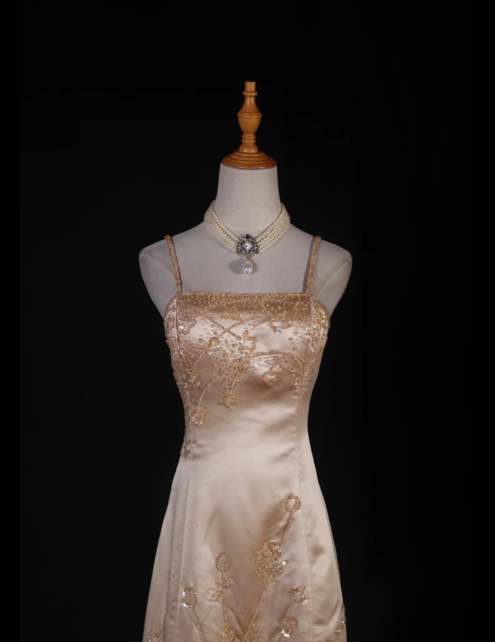 Fashion Spaghetti Straps Yellow Satin Beaded Mermaid Long Party Dress Evening Dress