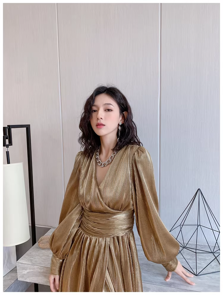 Unique Gold V Neck Satin Pleated Slit A Line Long Evening Dress Formal Wedding Guest Dress