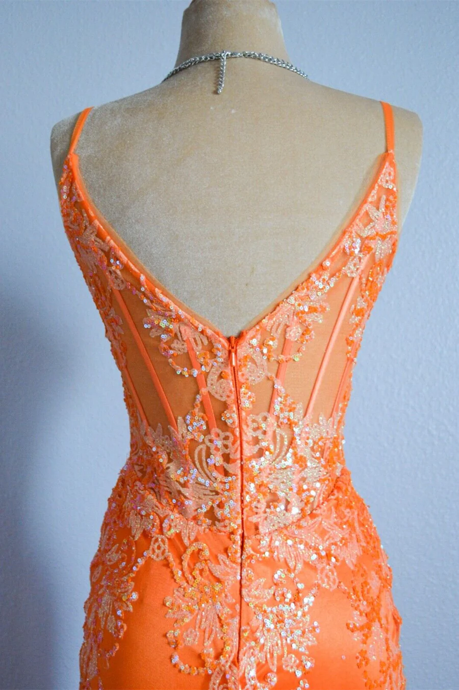 Orange Mermaid Spaghetti Straps Sequins Applique Long Prom Dress