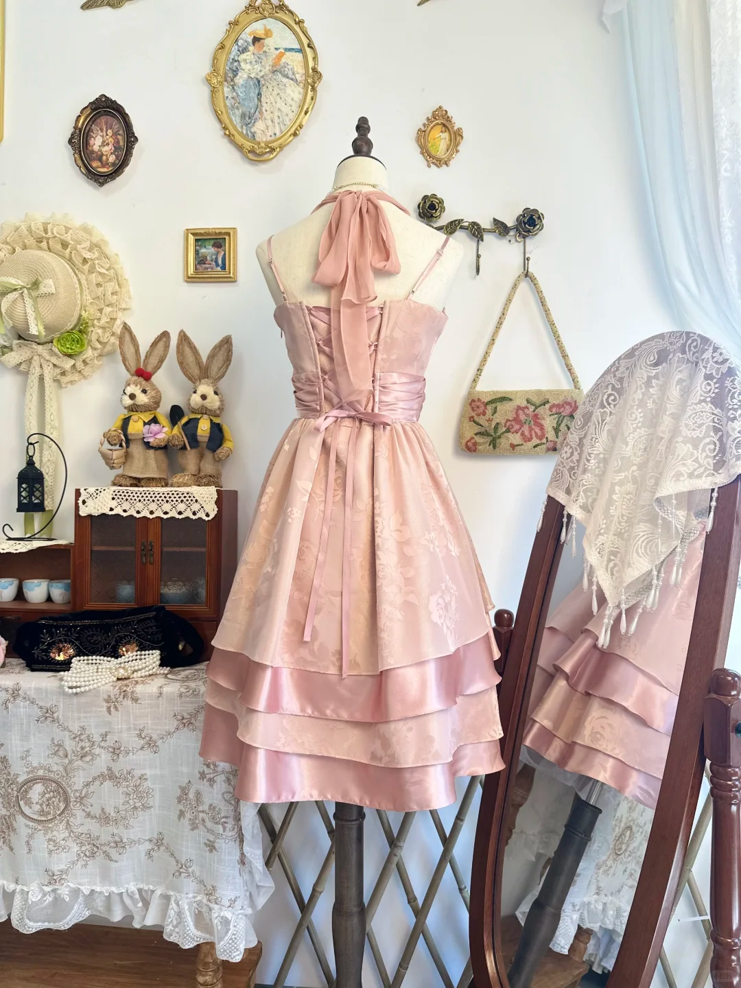 Classy Pink Halter Satin Print Floral Layered A Line Short Graduation Homecoming Dress Birthday Outfits