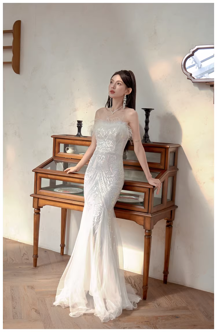 Classy Feathers Strapless White Tulle Sequin Mermaid Long Evening Dress Prom Dresses