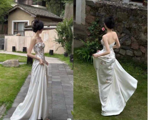 Spaghetti Straps White Satin Long Prom Dress,Elegant Evening Dress Wedding Dress With Appliques