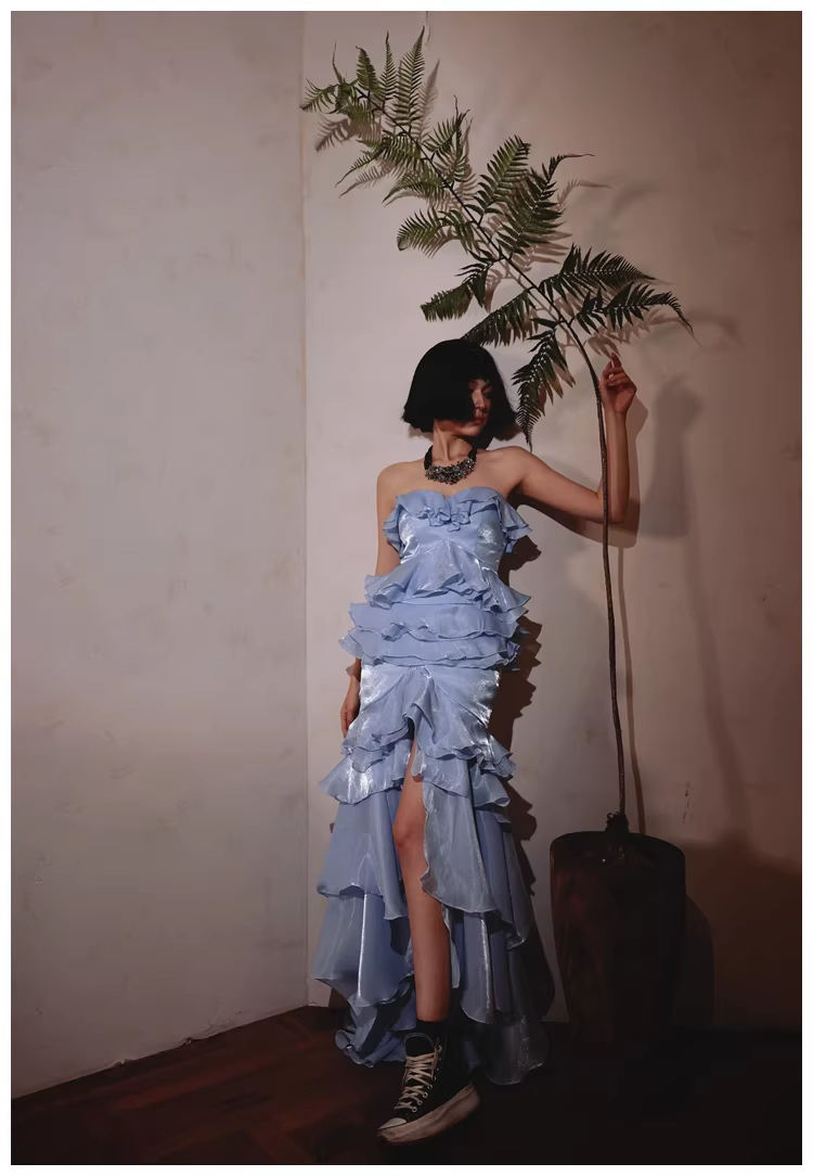 Glamorous Strapless Blue Satin Ruffles Layered mermaid Slit Evening Dress Long Party Dress
