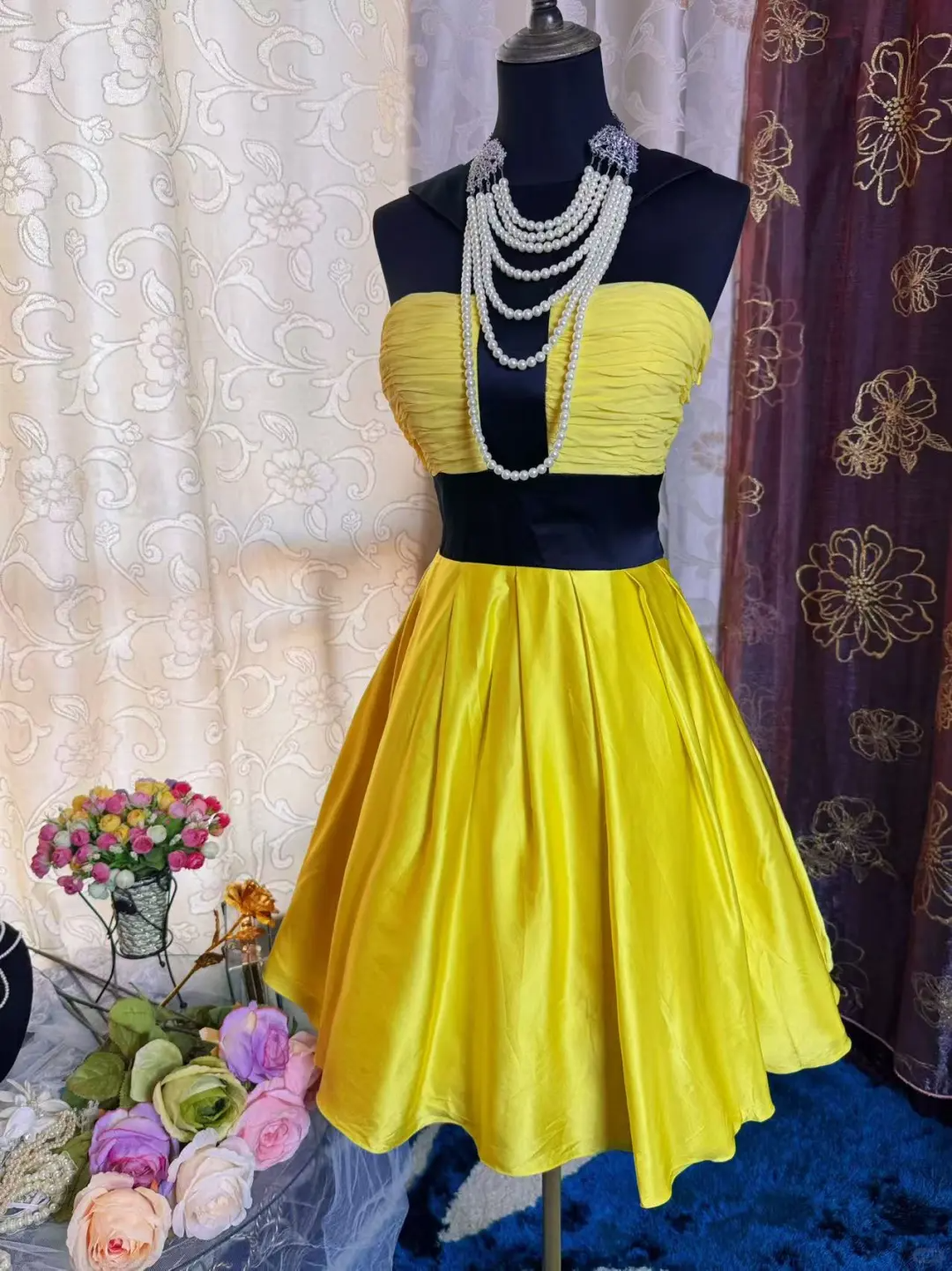 Fashion Yellow Black Splicing A Line Short Party Dress Formal Graduation Homecoming Dress