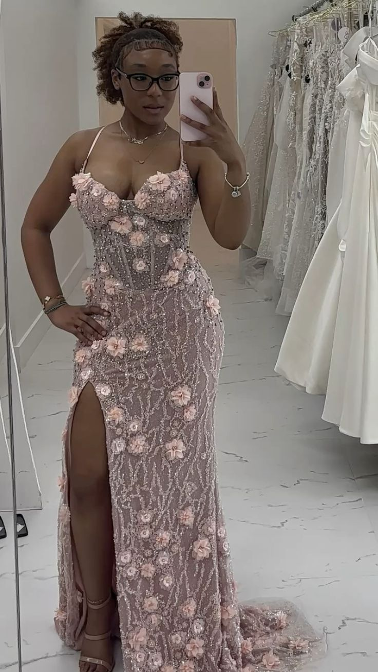 Gorgeous Spaghetti Straps Pink Sequin Beaded Slit mermaid Evening Dress Long Birthday Party Dress With 3D Flowers