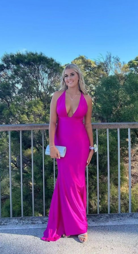 Sexy V Neck Mermaid Backless Party Prom Dress,Hot Pink Long Evening Dress