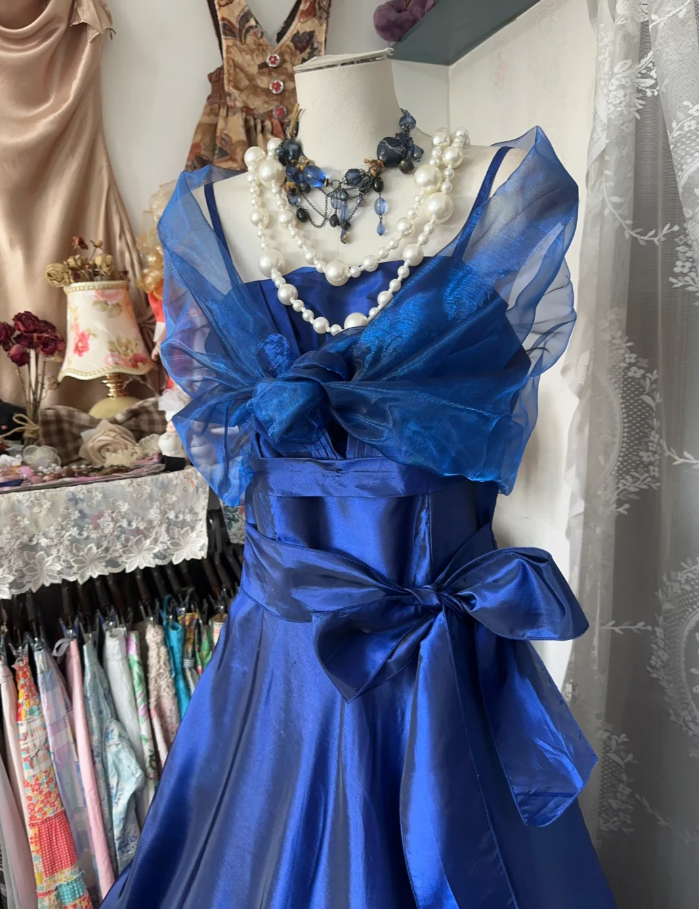 Chic Spaghetti Straps Blue Satin Long Party Dress Birthday Prom Dresses