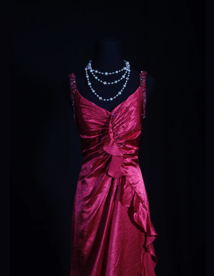 Stylish Hot Pink Satin V Neck Mermaid Evening Dress Backless Long Party Gown With Beads