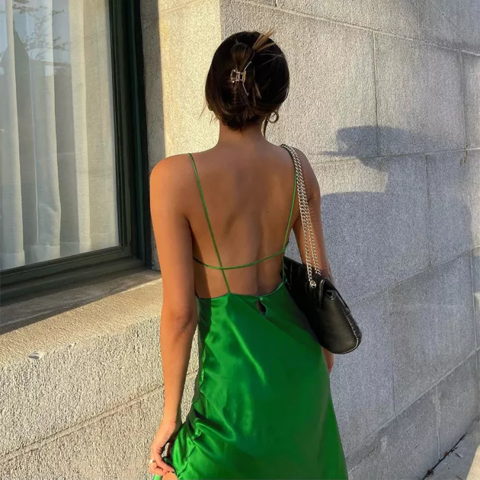 New Sling Ice Silk Slit Vacation Dresses Green Prarty Dress Backless Prom Dress