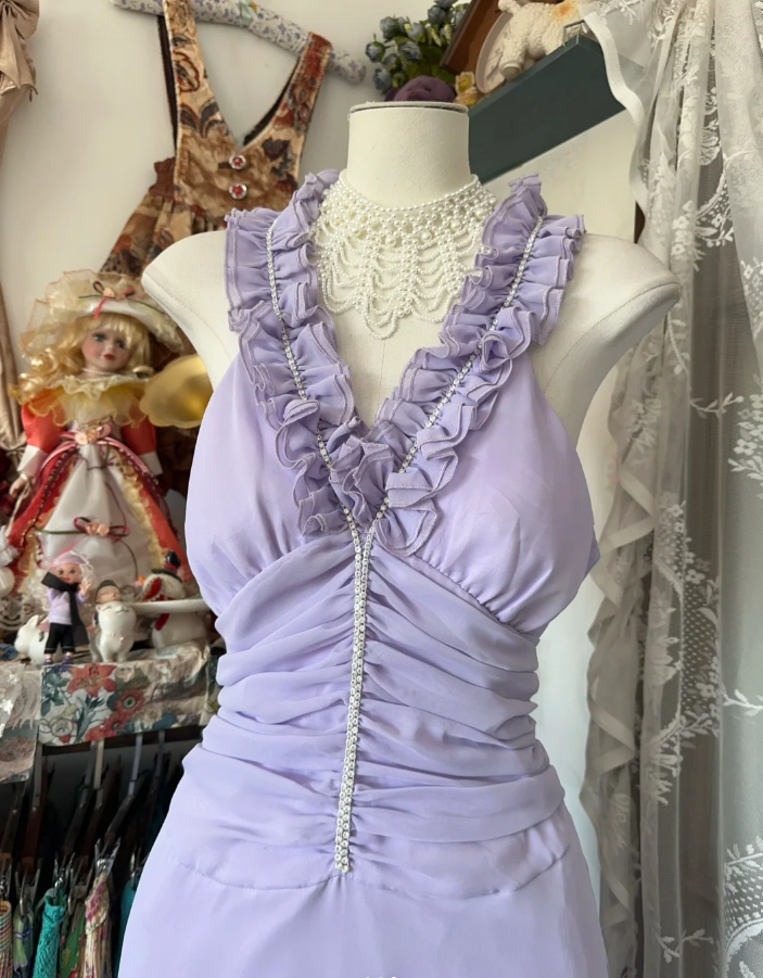Pretty Sleeveless Lilac Chiffon Beaded Mermaid Long Wedding Guest Dress Evening Dress