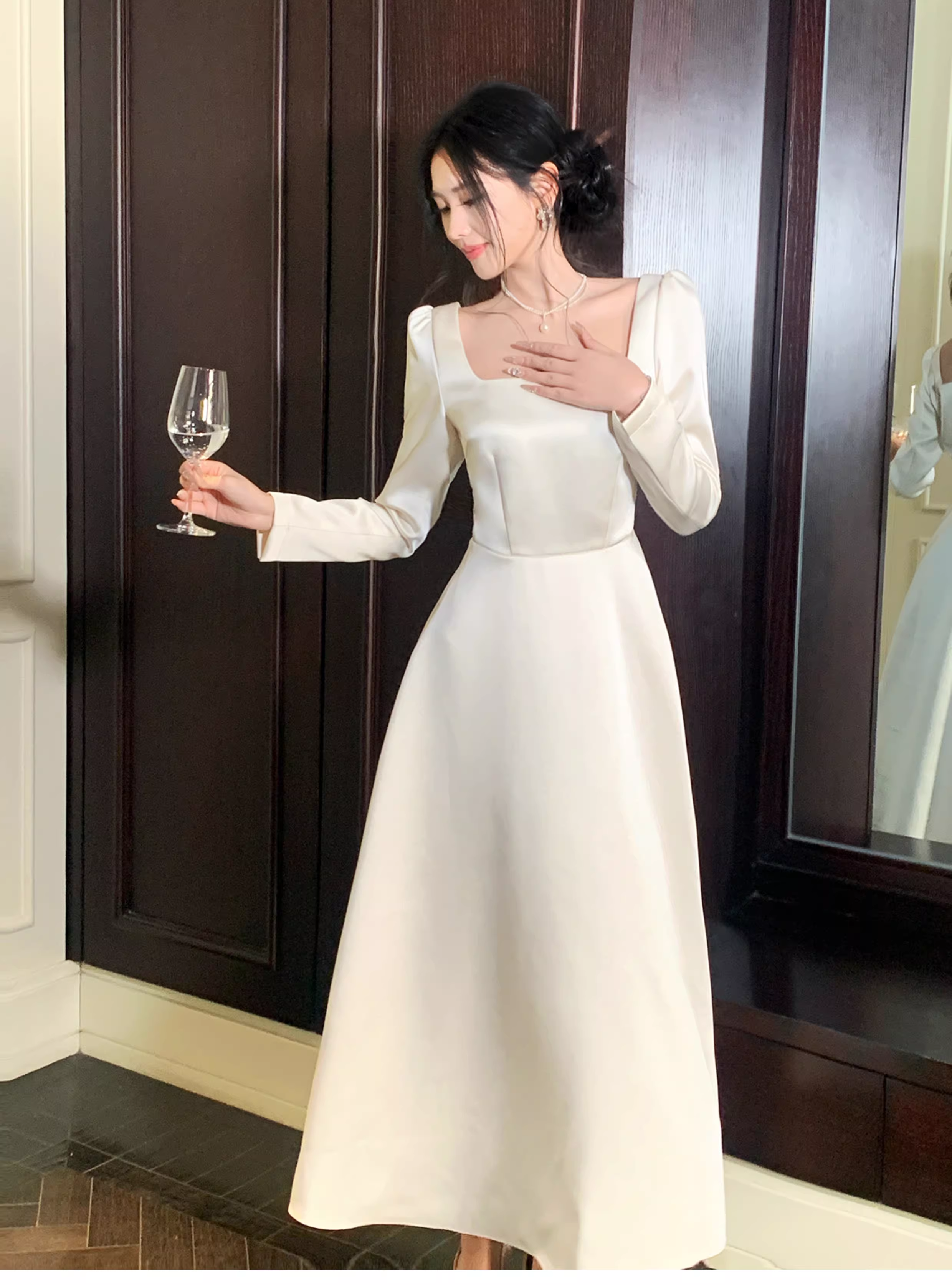 Elegant Square White Satin A Line Long Party Dress Evening Dress