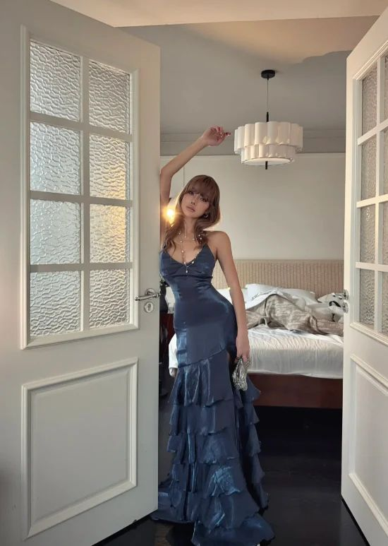Sexy V Neck Blue Satin Layered Slit Mermaid Long Party Dress Formal Wedding Guest Dress