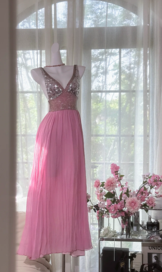 Pretty Pink V Neck Sequin Chiffon A Line Long Wedding Guest Dress Formal Party Dress Prom Dresses
