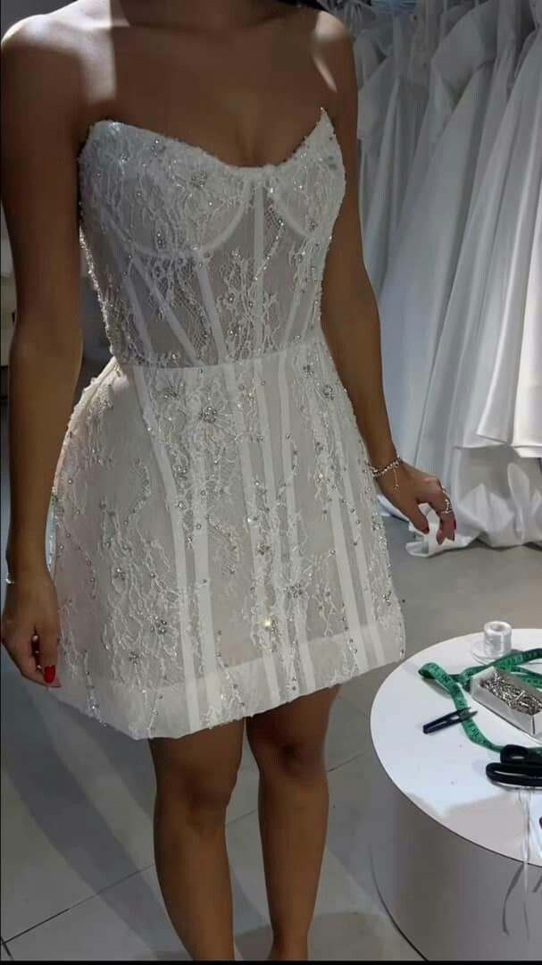 Classy Strapless White Lace Beaded Short Homecoming Dress 20th Birthday Outfits