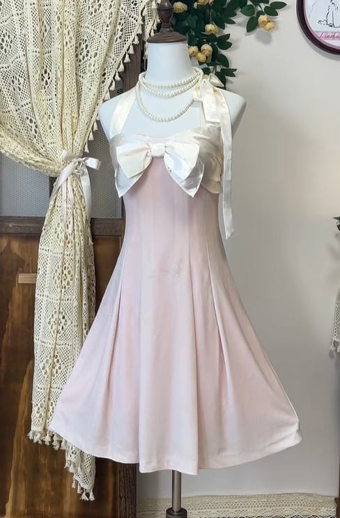 Cute Pink Halter Bow A Line Homecoming Dress Short Birthday Outfits