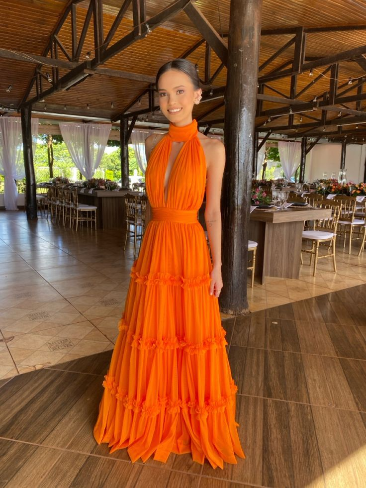 Sexy Orange Halter Tulle Evening Dress Deep V Neck Party Prom Dress