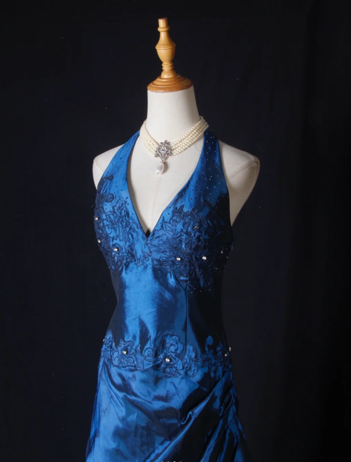 Elegant Blue Halter Embroidered Beaded Satin Pleated Mermaid Party Dress Long Birthday Evening Dress