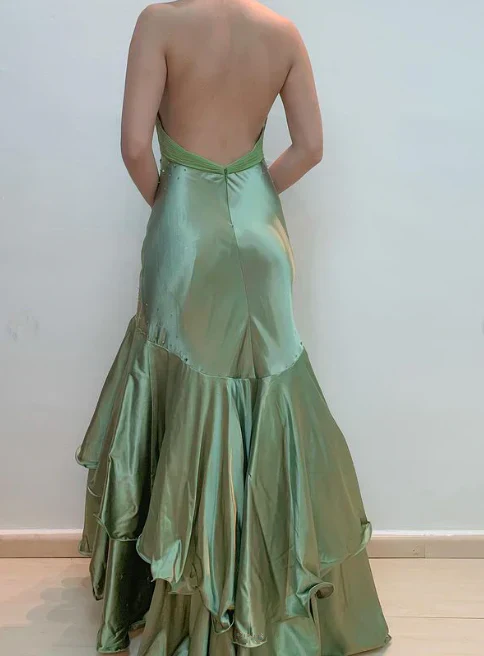 Elegant Green Halter Backless Beading Mermaid Layered Prom Dress Long Evening Dress