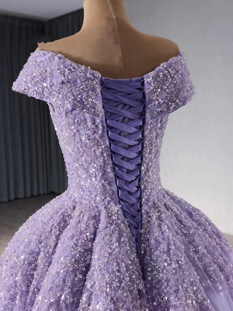 Shiny Off Shoulder Purple Sequins Beaded Long Tulle Quinceanera Dress Formal Ball Gown