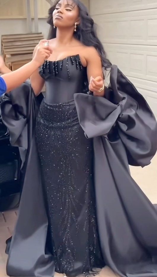 Gorgeous Black Strapless Satin Sequin Beaded Long Prom Dress Formal Birthday Party Dress