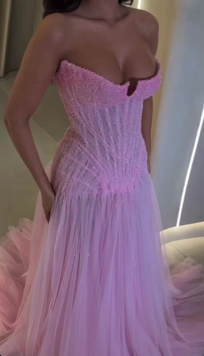 Gorgeous Strapless Pink Tulle Beaded Mermaid Long Evening Dress Birthday Party Dress