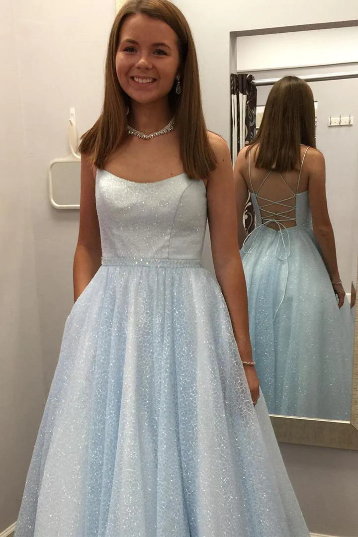 Sparkly Spaghetti Straps Blue Long Prom Dresses With Sequins