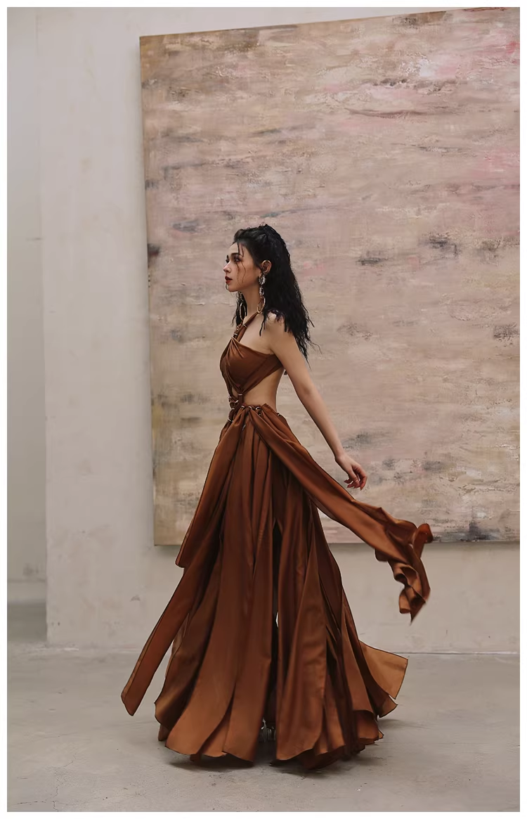 Sexy Halter Caramel Backless Satin Long party Dress Evening Gown
