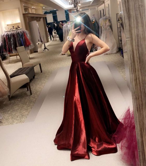 Sexy Spaghetti Straps Dark Red A-line Long Prom Dress