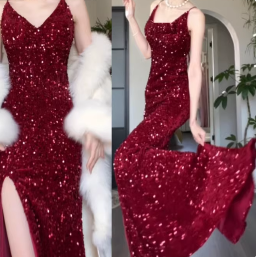 Sparkly Spaghetti Straps V Neck Blue Sequin Mermaid Slit Long Evening Dress Formal Wedding Guest Dress