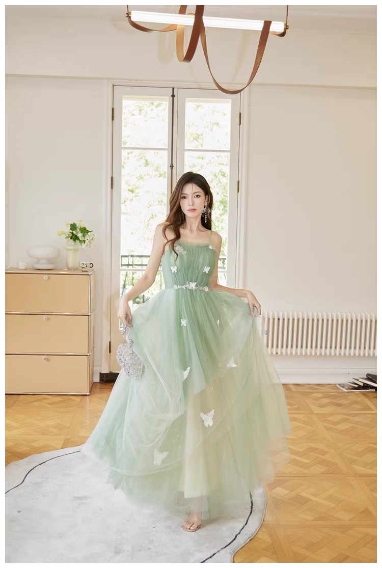 Fairy Green Tulle Sequin Butterfly Applique A Line Birthday Party Dress Evening Dress