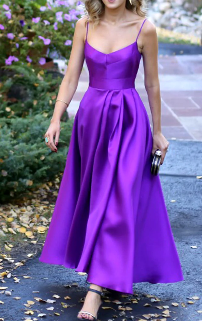 Spaghetti Straps Purple Satin Prom Dress Tea Length Wedding Party Formal Gown