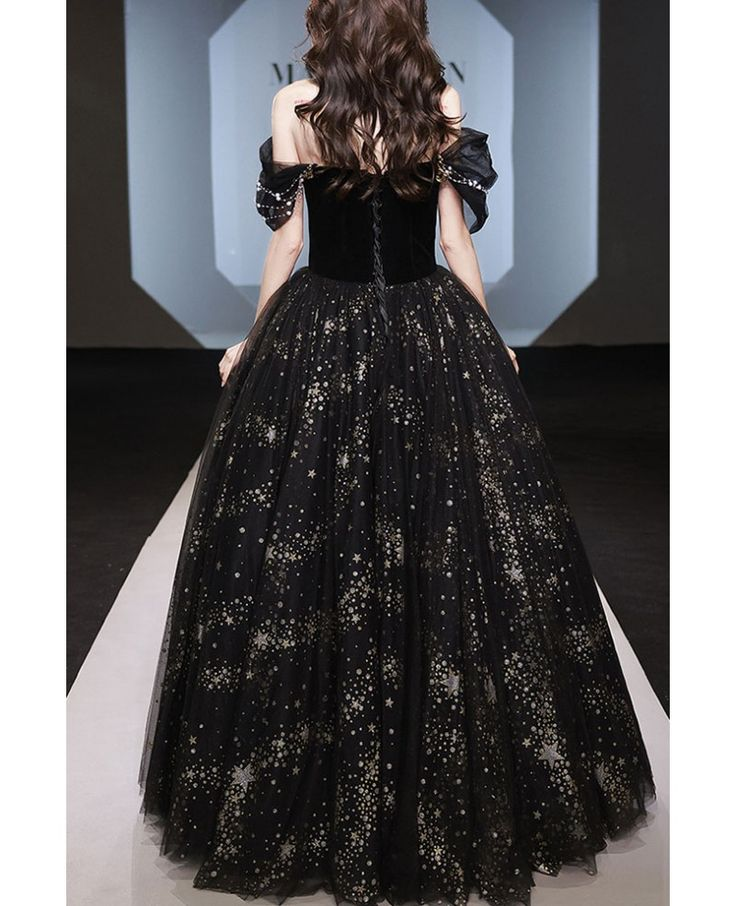 Classy Off Shoulder Black Tulle Sequins Ball Gown Gothic A Line Prom Dress