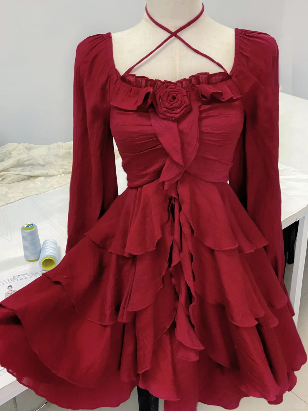 Elegant Burgundy Chiffon Layered Long Sleeves Short Party Dress Homecoming Dress