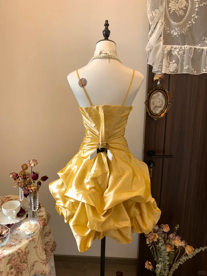Vintage Yellow Spaghetti Straps Satin Pleated Short Prom Dress Formal Graduation Homecoming Dress