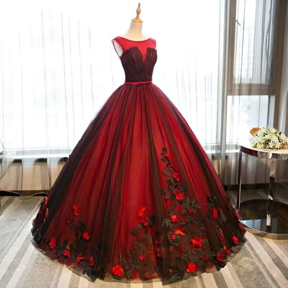 Black And Red Tulle Satin Appliques Sweet 16 Ball Gown Quinceanera Dress
