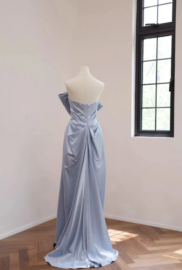 Elegant Bow Strapless Blue Satin Mermaid Long Birthday Party Dress Formal Wedding Guest Dress