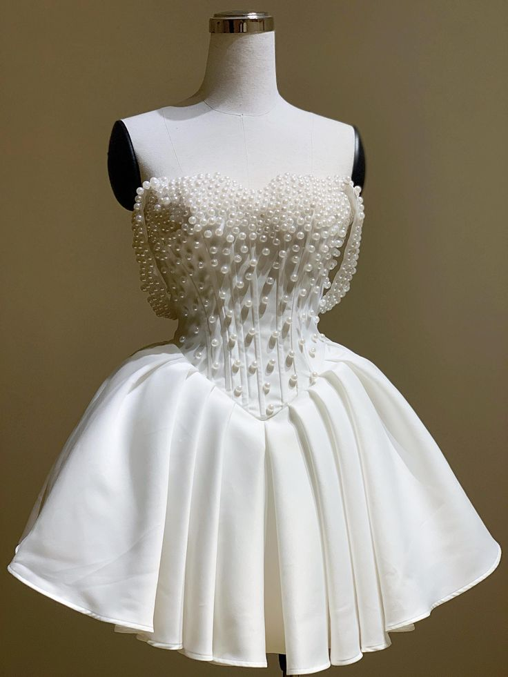 Classy Off The Shoulder Pearl Beaded Short Prom Dress White Formal Graduation Homecoming Dress
