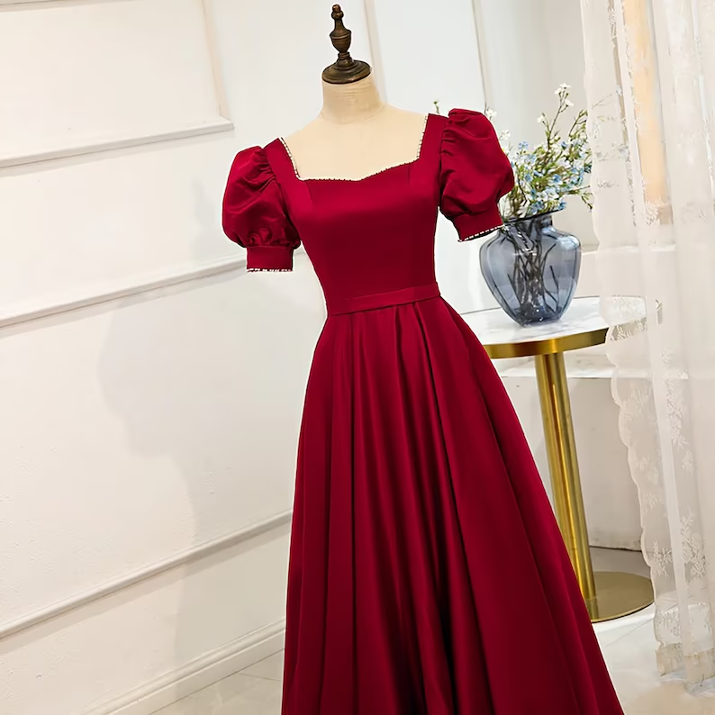 Red Satin Prom Dress Red Dress Puff Sleeve Victorian Dress
