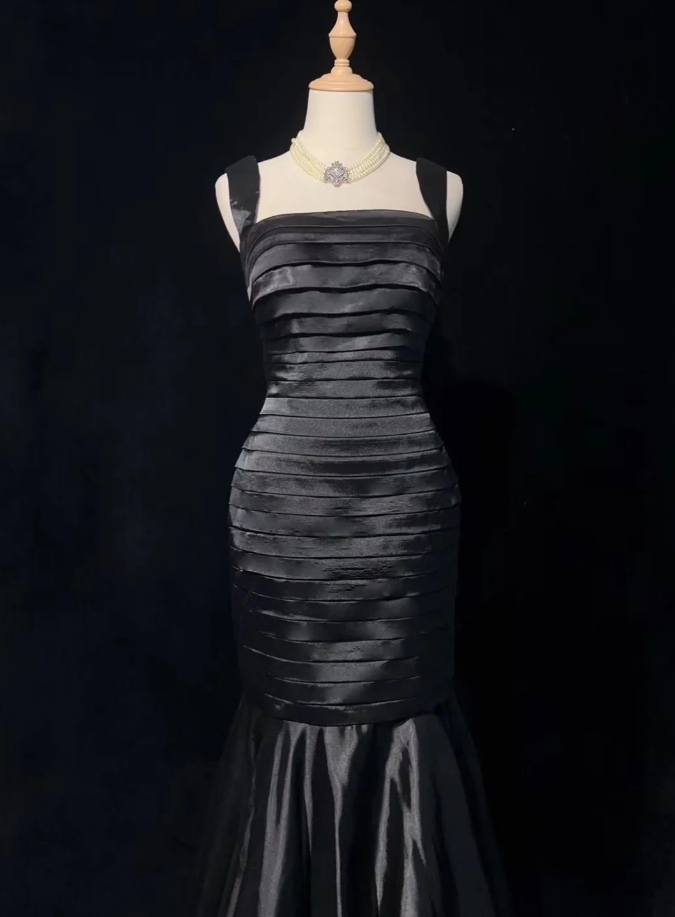 Fashion Black Satin Pleated Mermaid Long Evening Dress Wedding Guest Dress