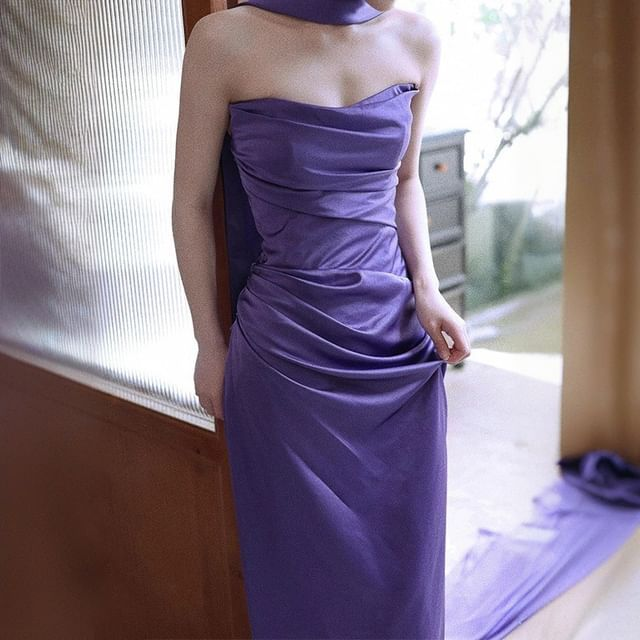 Purple Strapless Ruched Sheath Evening Dress Long Party Gown