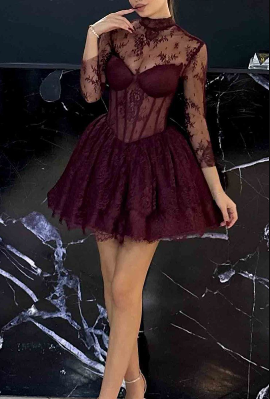 Vintage Burgundy Lace 3/4 Sleeves Short Prom Dress Formal 6th Grade Homecoming Dress