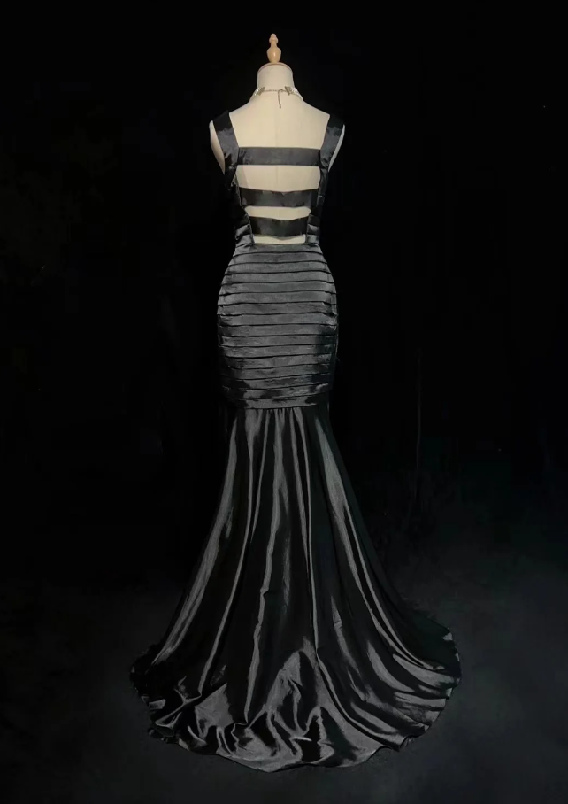 Fashion Black Satin Pleated Mermaid Long Evening Dress Wedding Guest Dress