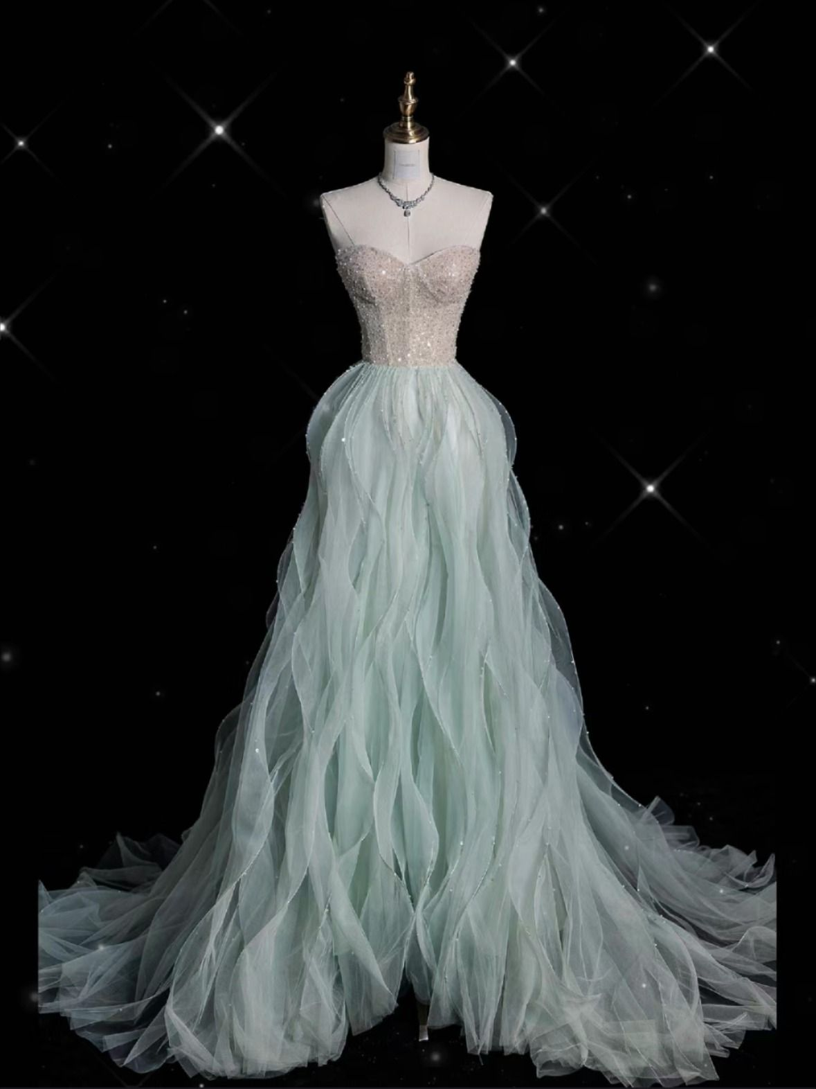 Beautiful Strapless Light Green Tulle Sequin Mermaid Evening Dress Long Prom Dress