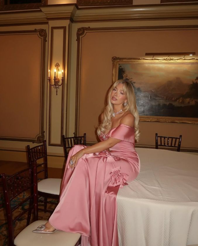 Sweet Off The Shoulder Mermaid Bow Pink Satin Long Prom Dress Evening Dress