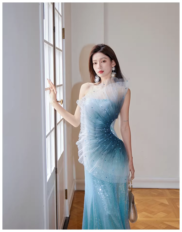Glamorous Blue Tulle Sequin Mermaid Long Evening Dress Formal 19th Birthday Outfits With Beads