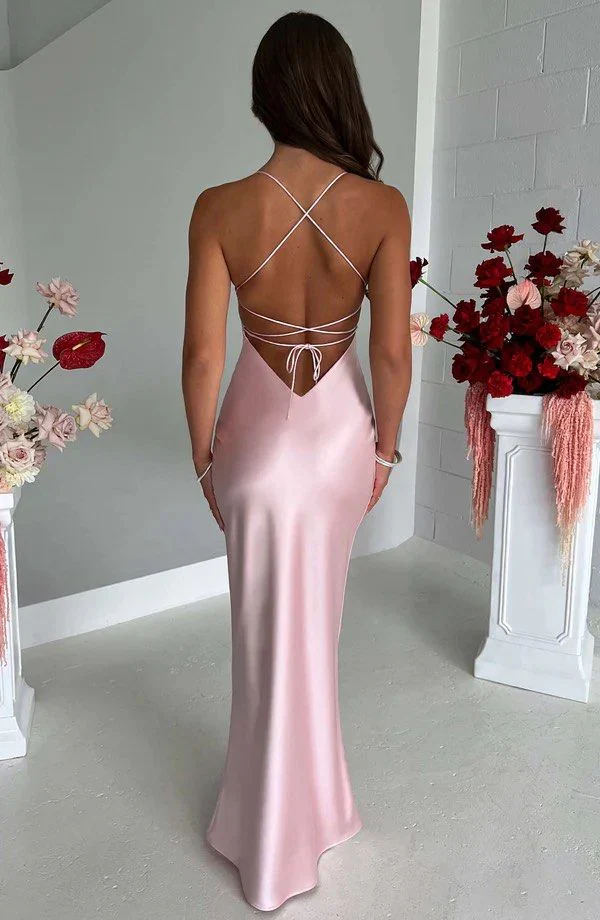 Simple Straps Pink Sheath Long Party Evening Dress